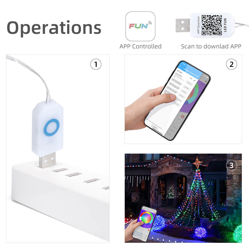 GFLAI Waterproof USB Powered APP Controlled LED Fairy String Lights, showcasing vibrant RGB colors and flexible copper wire design.