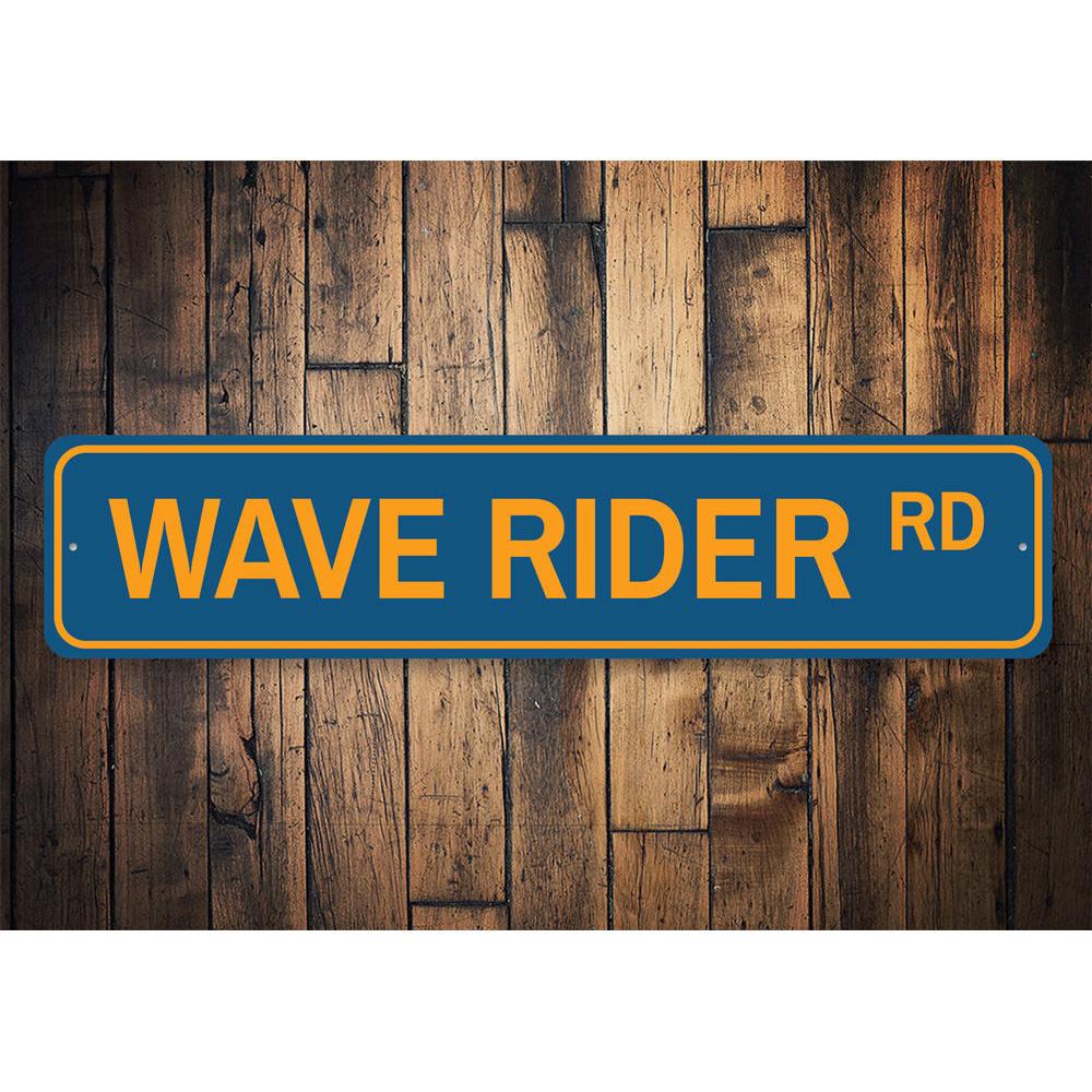 Wave Rider Road Sign featuring vibrant beach-themed design, made from durable aluminum, perfect for coastal decor.