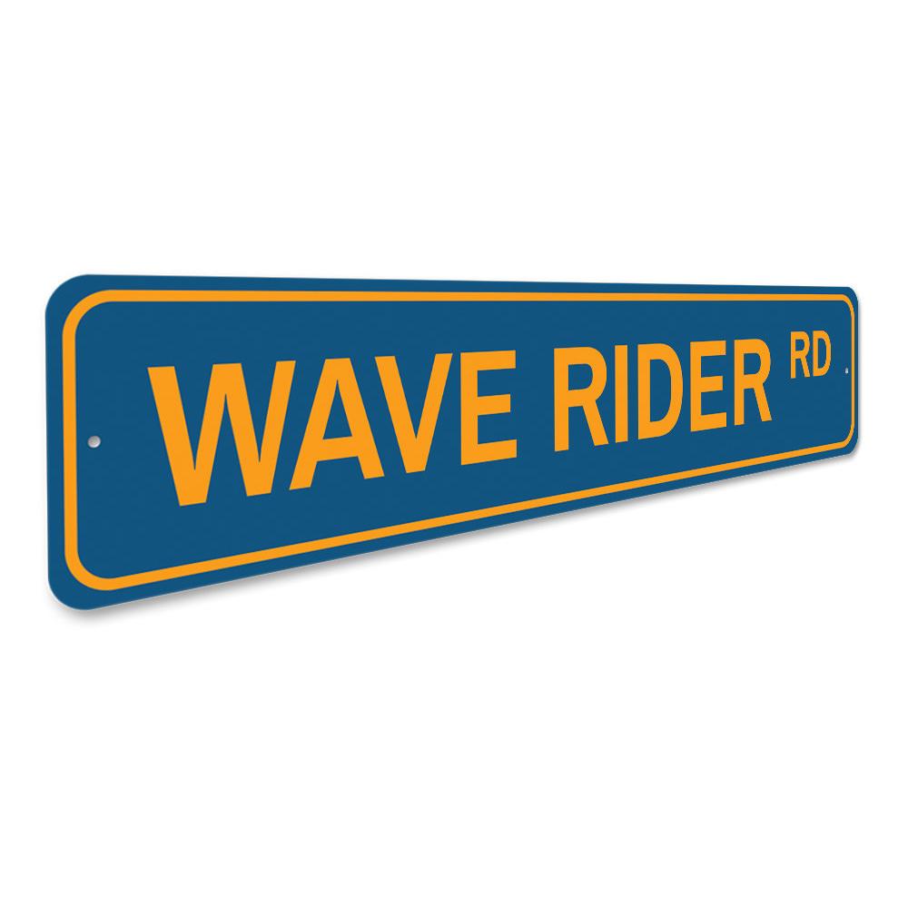 Wave Rider Road Sign featuring vibrant beach-themed design, made from durable aluminum, perfect for coastal decor.