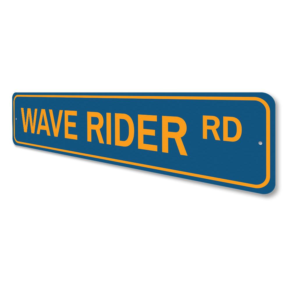 Wave Rider Road Sign featuring vibrant beach-themed design, made from durable aluminum, perfect for coastal decor.