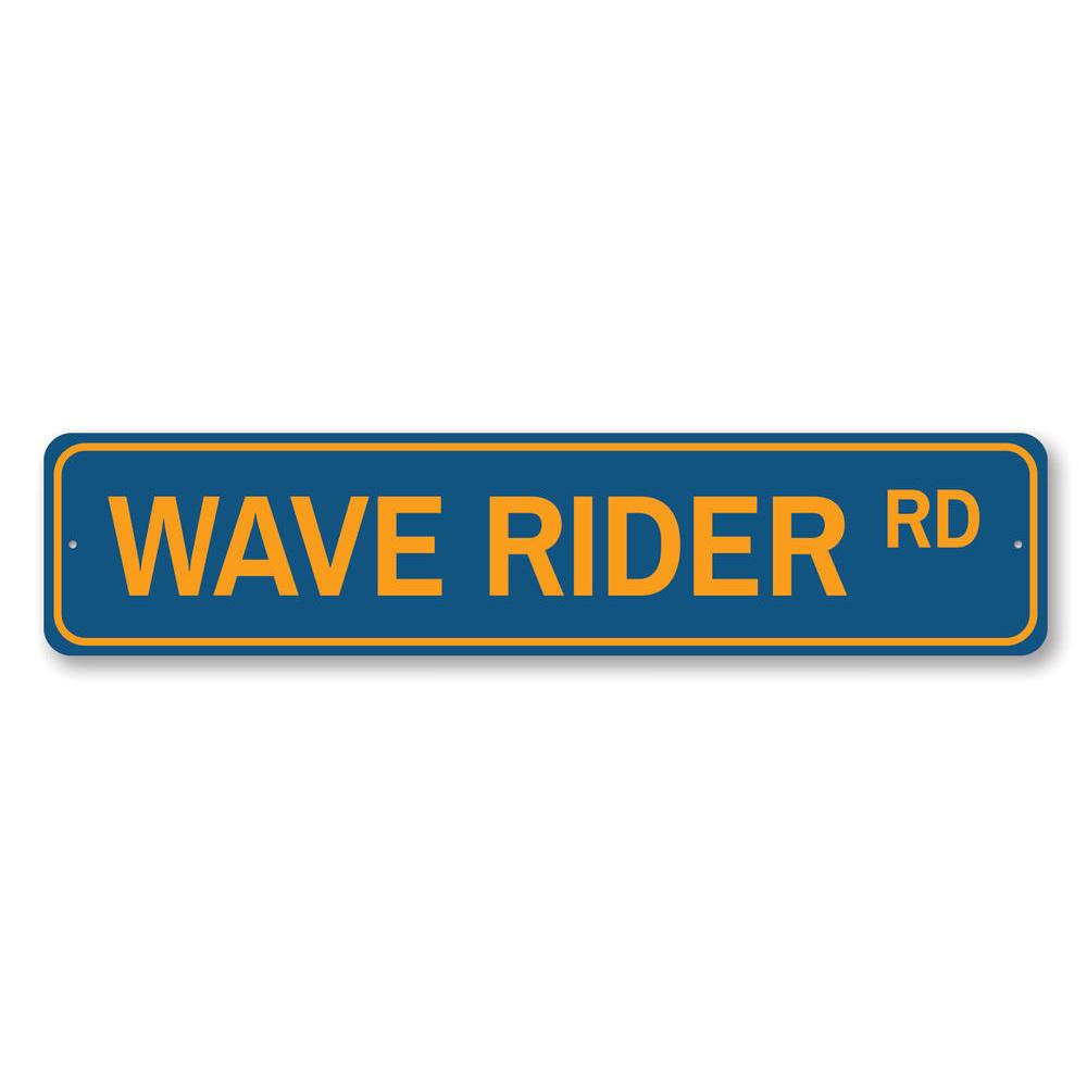 Wave Rider Road Sign featuring vibrant beach-themed design, made from durable aluminum, perfect for coastal decor.