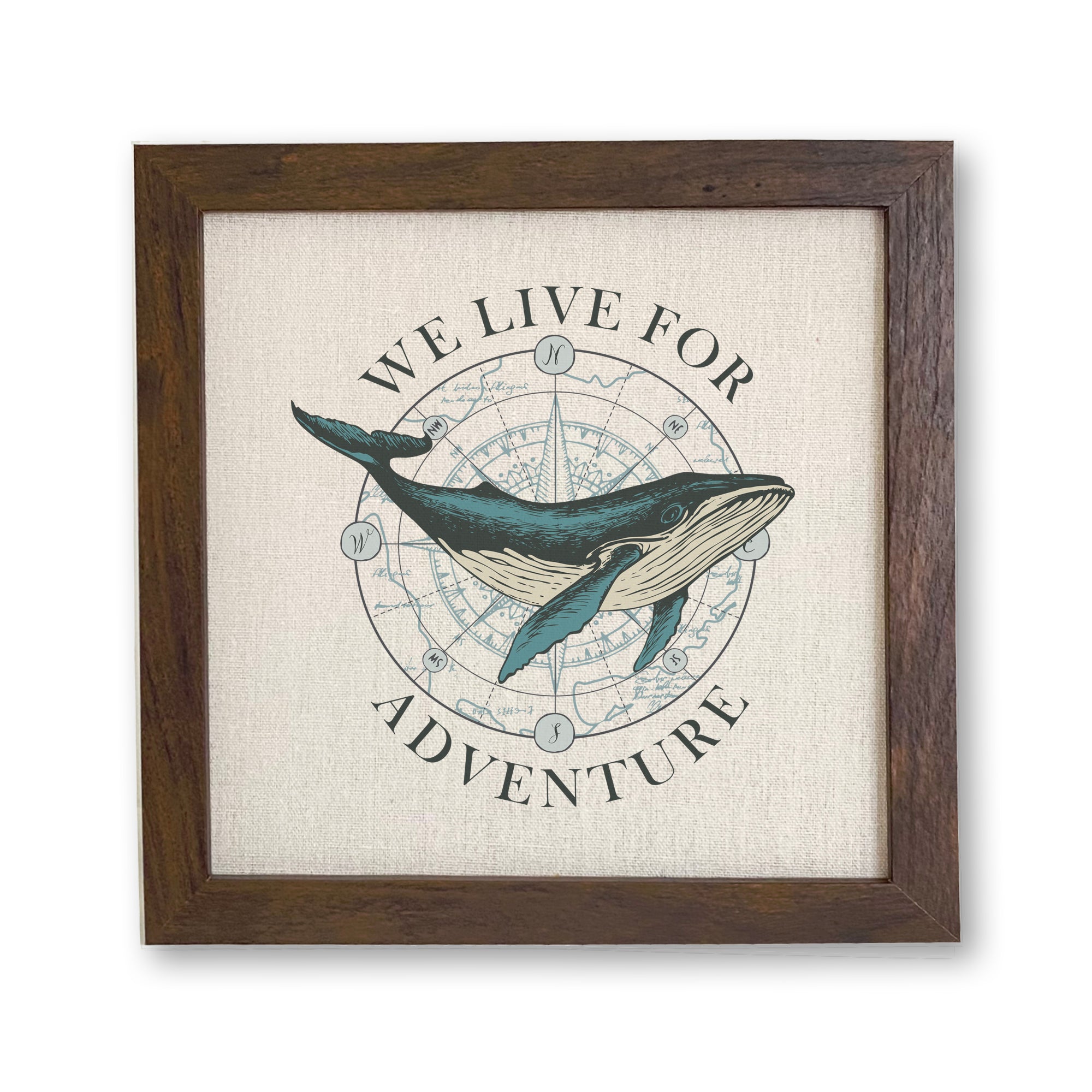 We Live for Adventure Framed Sign with a rustic wood frame and linen-look background, showcasing an adventurous spirit.