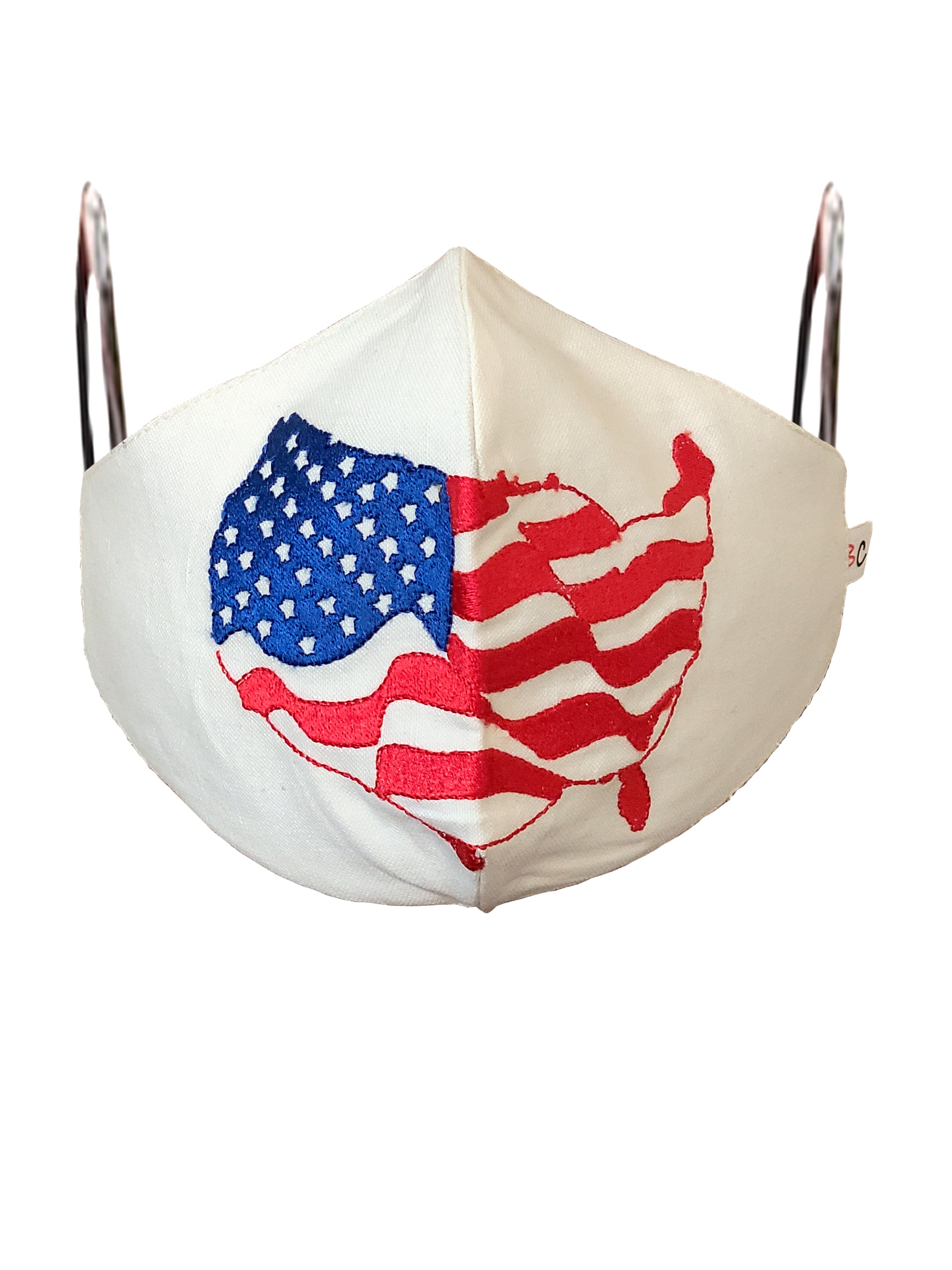 WE LUV USA embroidered face mask made of linen and cotton, featuring soft cotton lining and elastic loops for a comfortable fit.