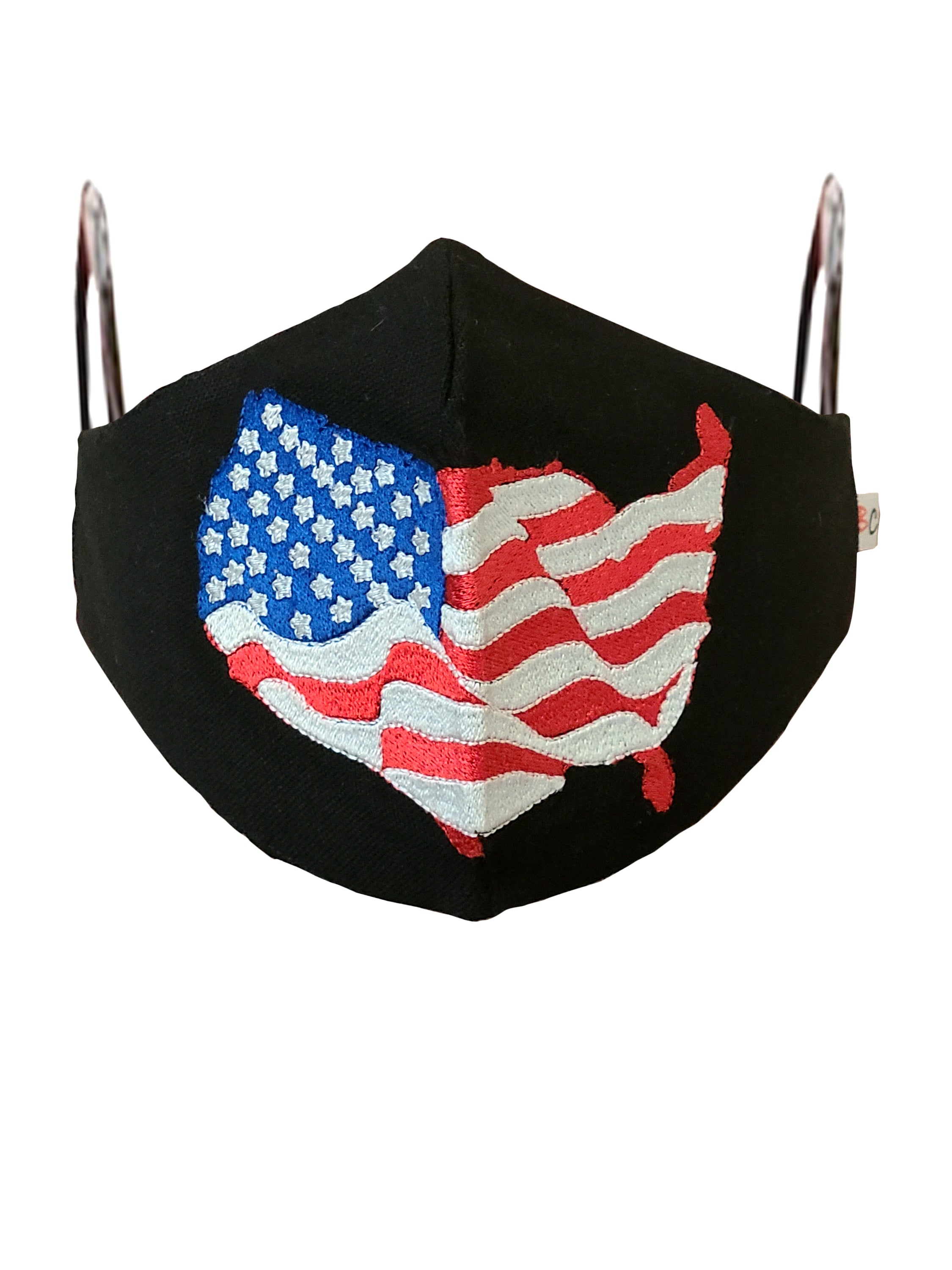 WE LUV USA embroidered face mask made of linen and cotton, featuring soft cotton lining and elastic loops for a comfortable fit.