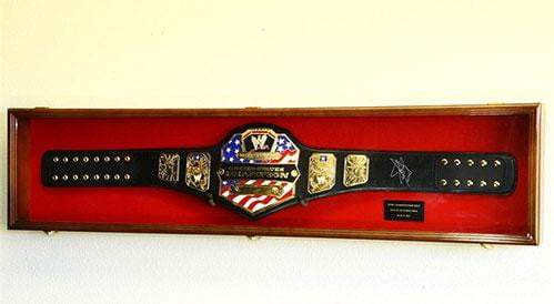 Elegant display case frame for WWE WWF Wrestling Championship belt, handcrafted from beech hardwood with brass hardware and acrylic door.