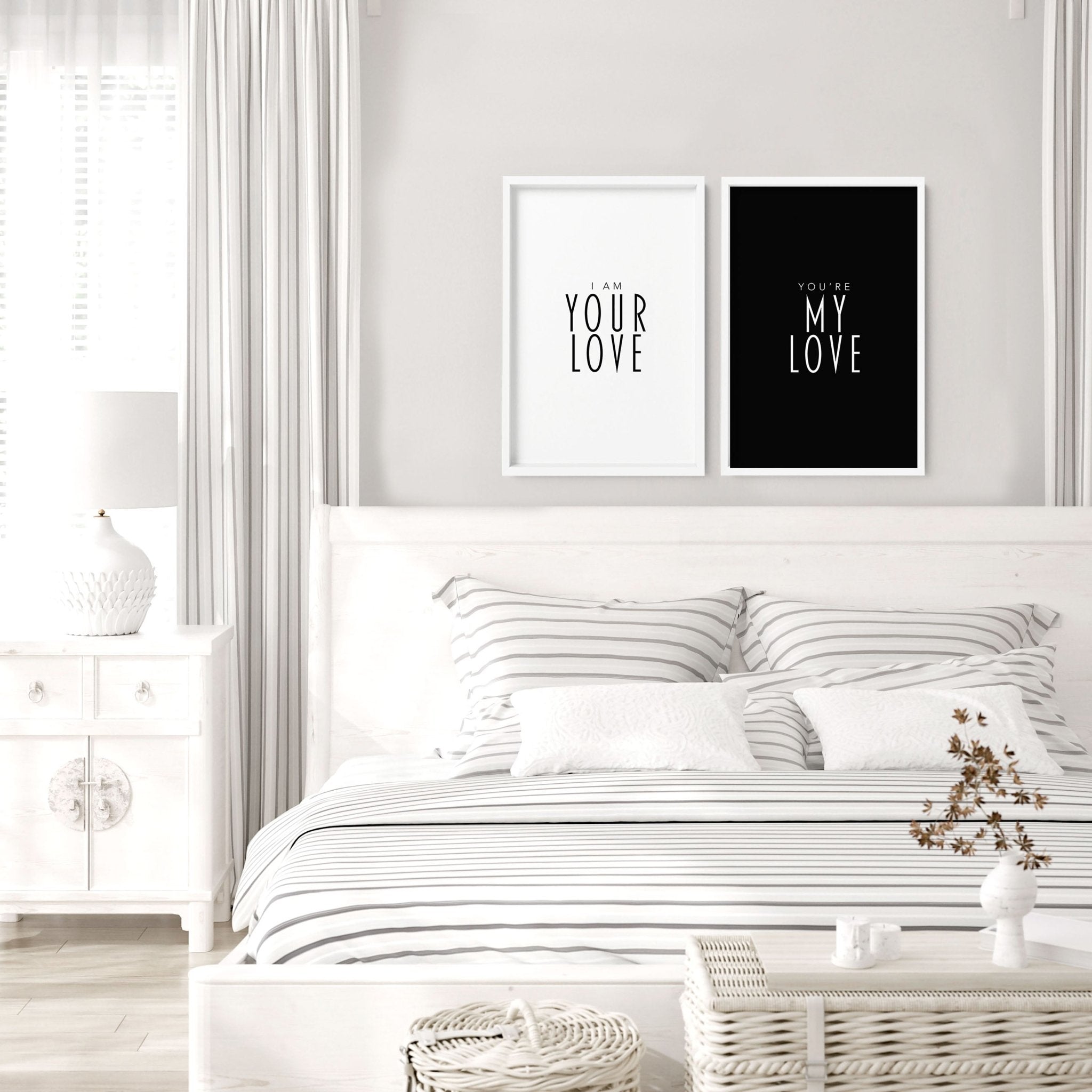 Set of 2 elegant wall art prints featuring a romantic quote in black and white, perfect for bedroom decor.