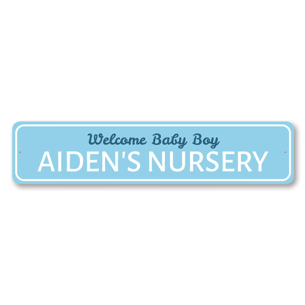 Welcome Baby Boy Sign made of high-quality aluminum, featuring a charming design suitable for a nursery.