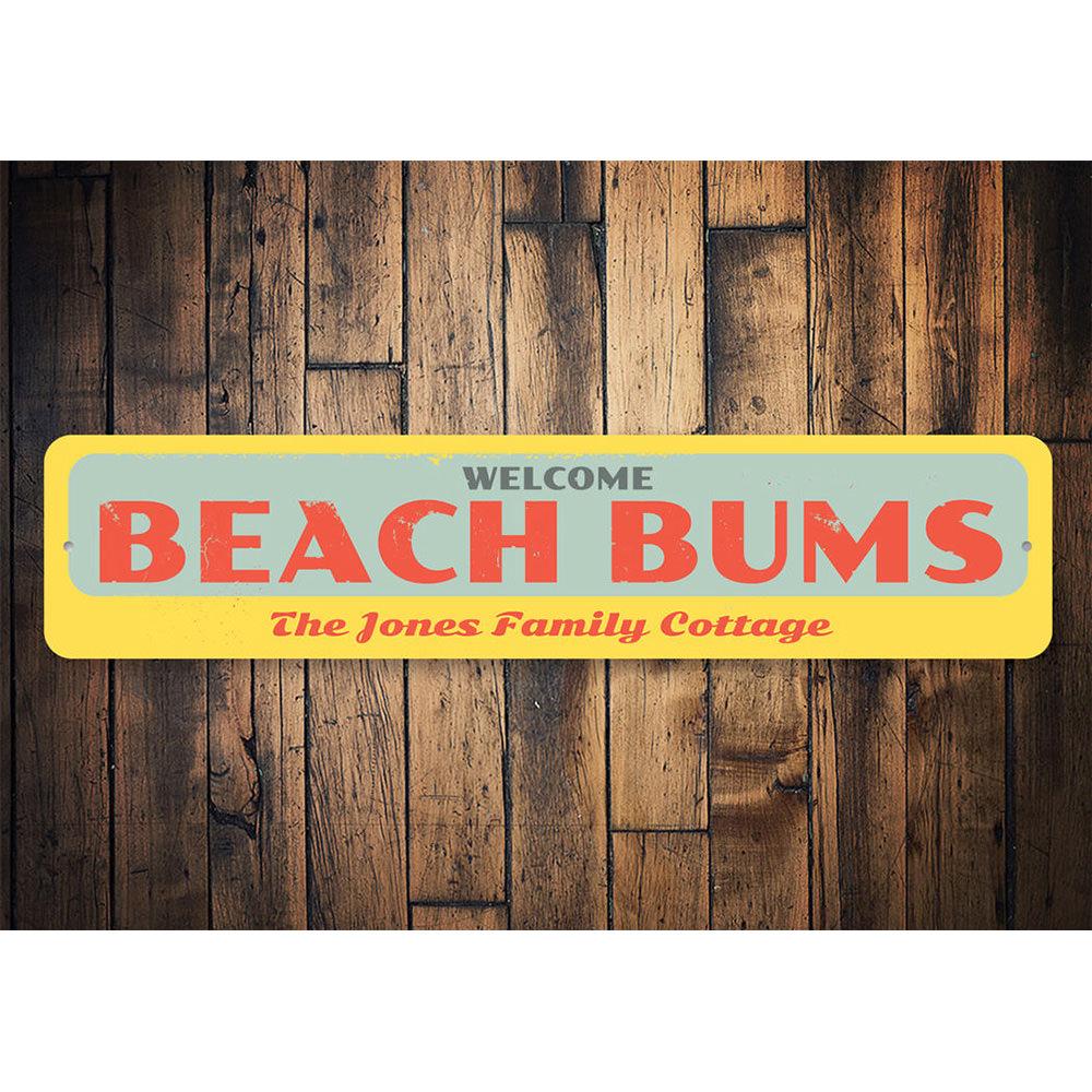 Welcome Beach Bums Sign made of high-quality aluminum, featuring a vibrant beach-themed design, perfect for coastal decor.