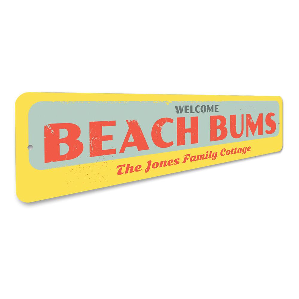 Welcome Beach Bums Sign made of high-quality aluminum, featuring a vibrant beach-themed design, perfect for coastal decor.