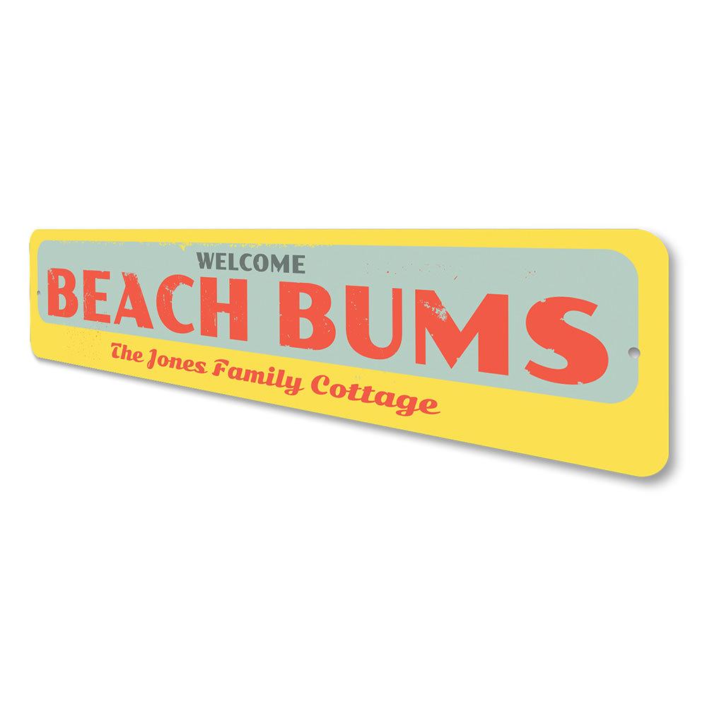 Welcome Beach Bums Sign made of high-quality aluminum, featuring a vibrant beach-themed design, perfect for coastal decor.