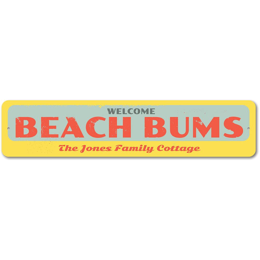 Welcome Beach Bums Sign made of high-quality aluminum, featuring a vibrant beach-themed design, perfect for coastal decor.