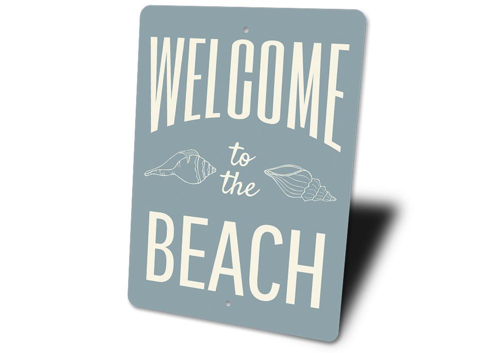 A beautifully crafted Welcome Beach Sign made of aluminum, featuring coastal-themed design elements, perfect for beach houses and decor.