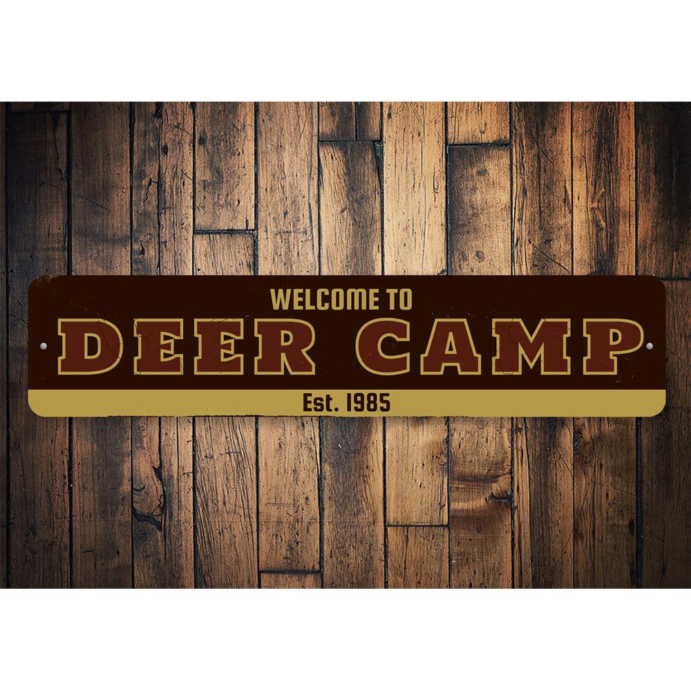 Welcome Deer Camp Sign made of high-quality aluminum, featuring customizable text and pre-drilled holes for easy mounting.