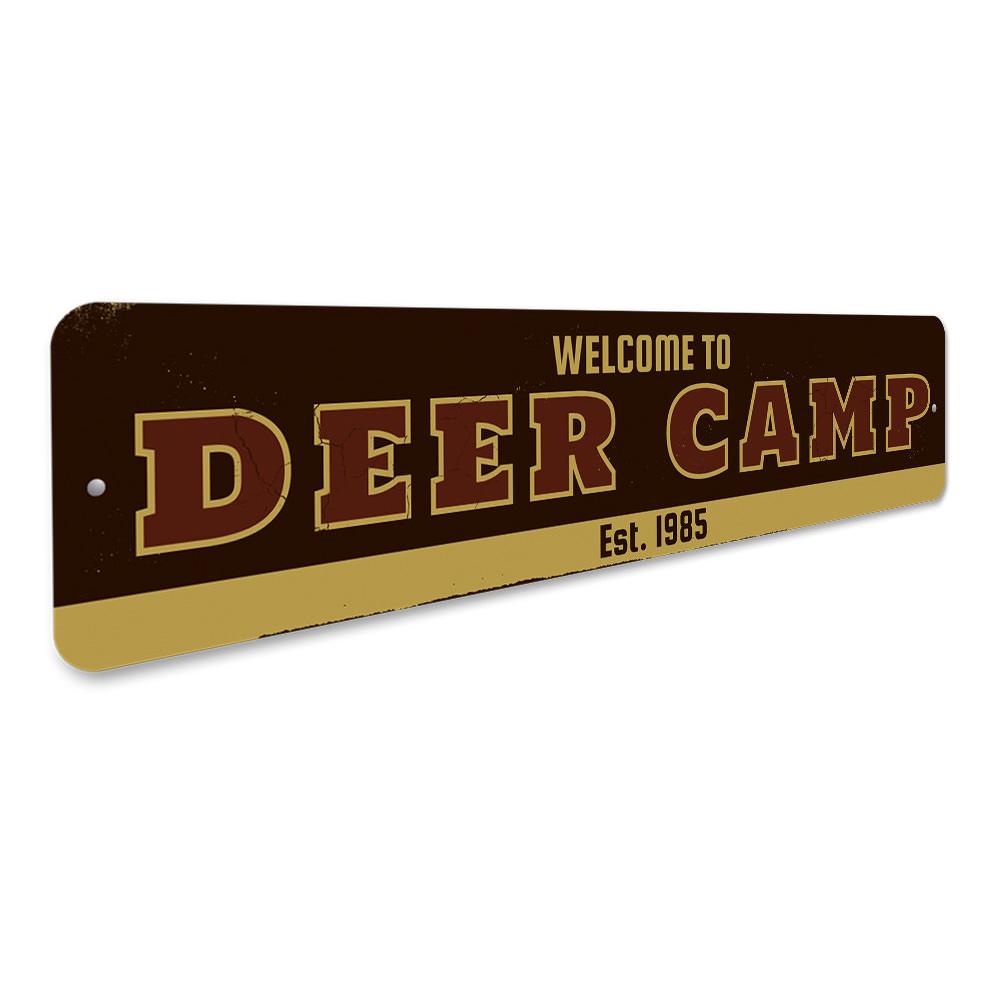 Welcome Deer Camp Sign made of high-quality aluminum, featuring customizable text and pre-drilled holes for easy mounting.