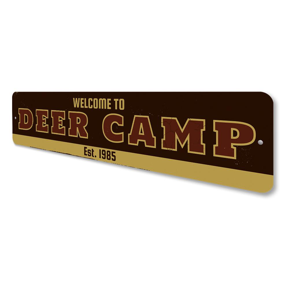 Welcome Deer Camp Sign made of high-quality aluminum, featuring customizable text and pre-drilled holes for easy mounting.