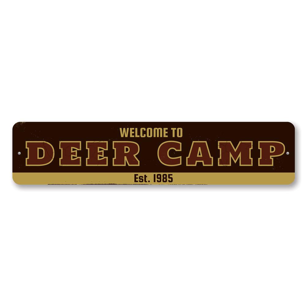 Welcome Deer Camp Sign made of high-quality aluminum, featuring customizable text and pre-drilled holes for easy mounting.