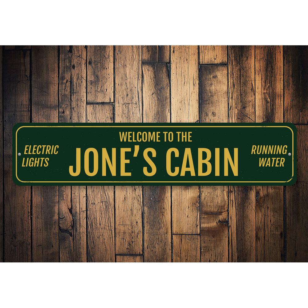 Personalized Welcome Family Name Cabin Sign made of durable aluminum, showcasing a family name with a rustic lakehouse design.