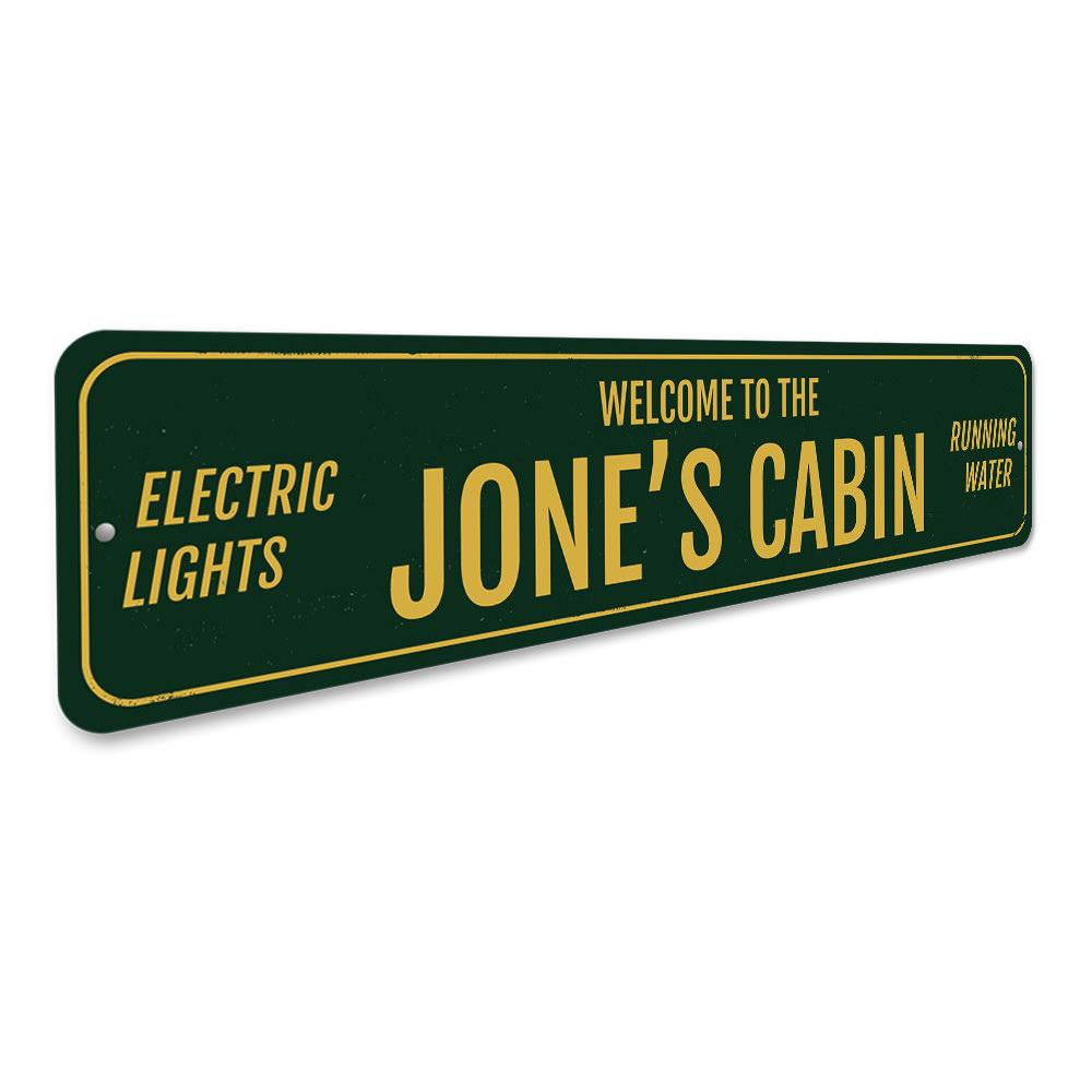 Personalized Welcome Family Name Cabin Sign made of durable aluminum, showcasing a family name with a rustic lakehouse design.