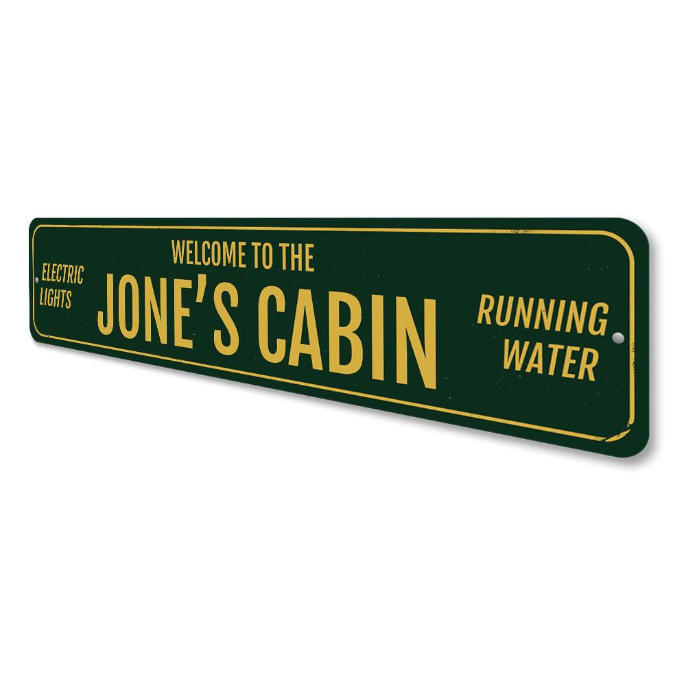 Personalized Welcome Family Name Cabin Sign made of durable aluminum, showcasing a family name with a rustic lakehouse design.