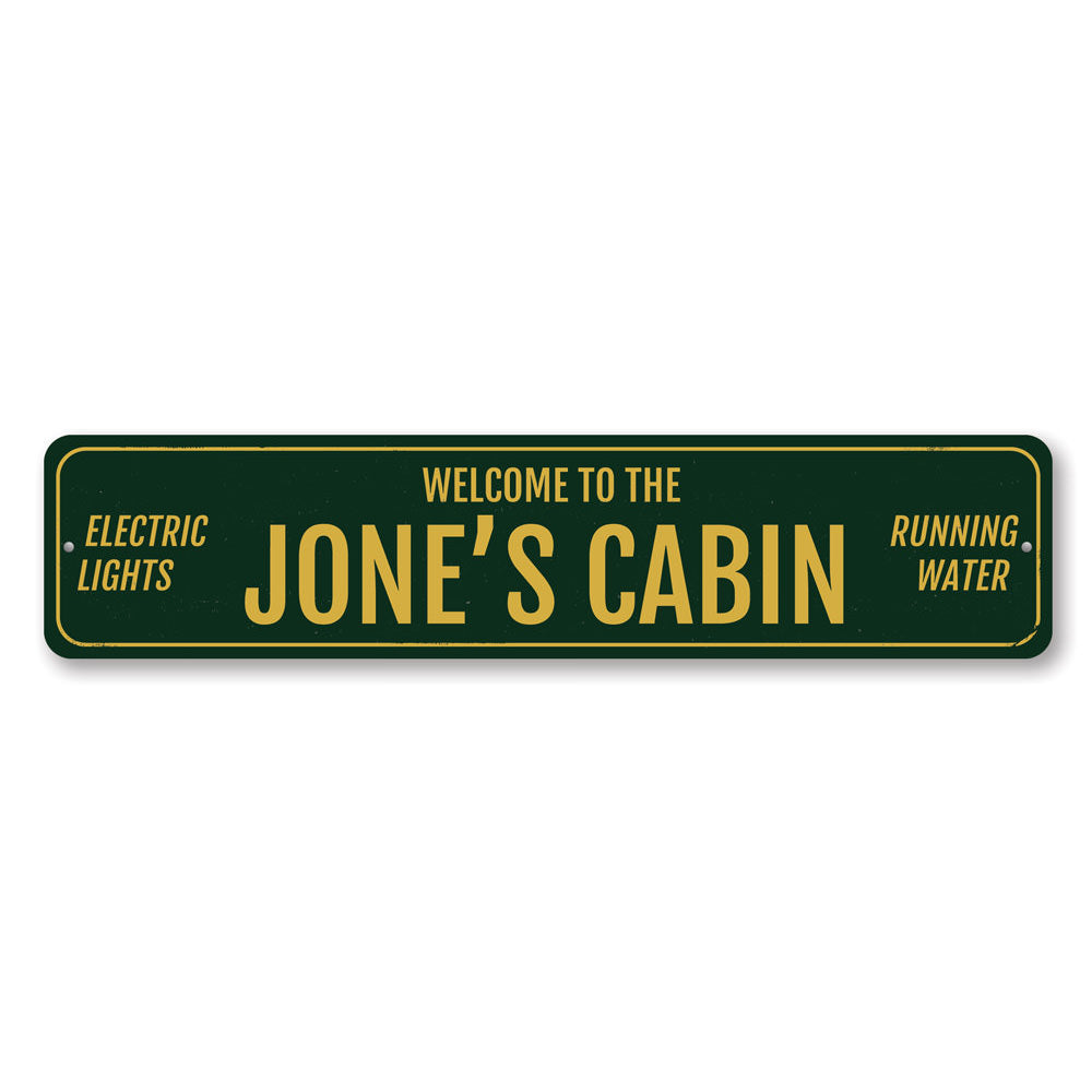 Personalized Welcome Family Name Cabin Sign made of durable aluminum, showcasing a family name with a rustic lakehouse design.