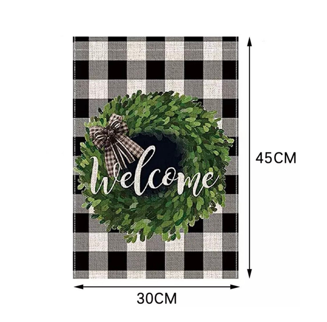 A vibrant Welcome Garden flag measuring 12.5x18 inches, featuring a welcoming design printed on both sides, perfect for outdoor decor.