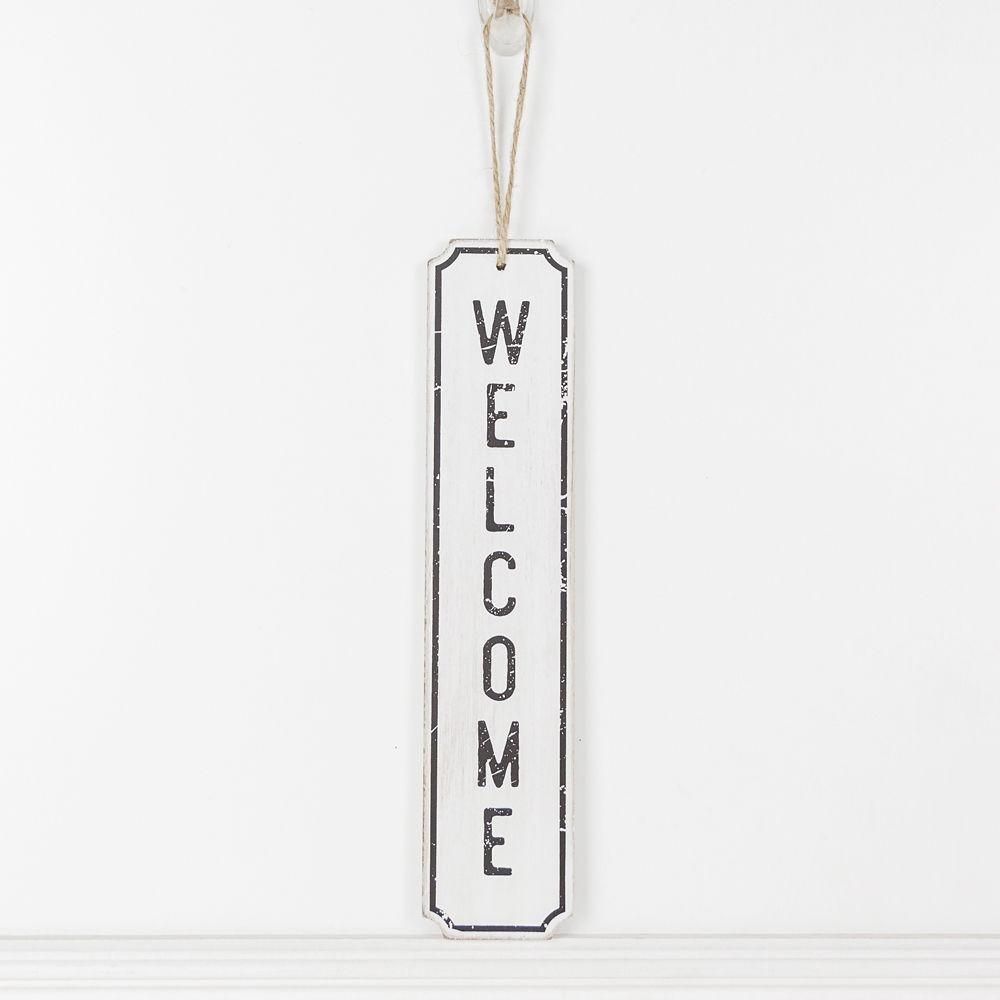 A stylish hanging wood sign displaying the word 'Welcome' in black letters on a white background, perfect for door decoration.