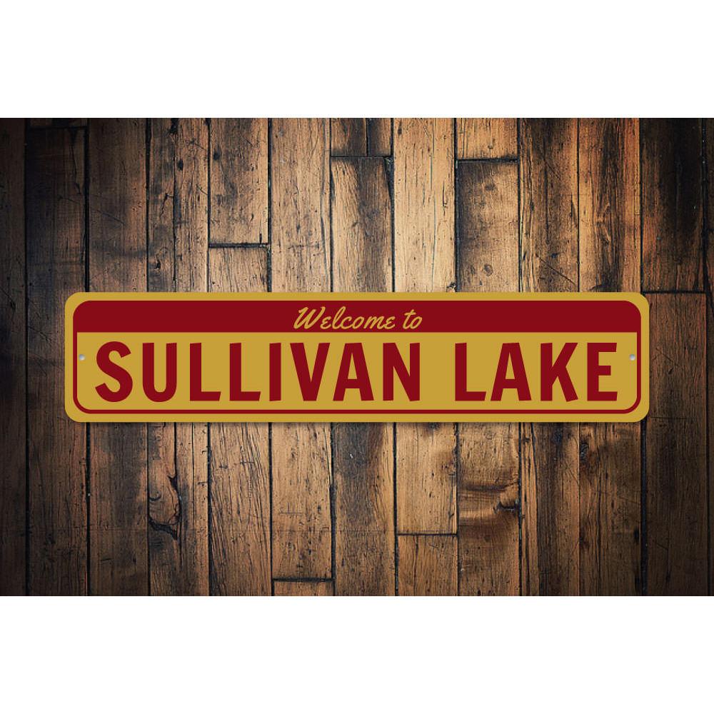 A personalized Welcome Lake Name Sign made of high-quality aluminum, featuring custom text and a rustic design, perfect for lakehouse decor.