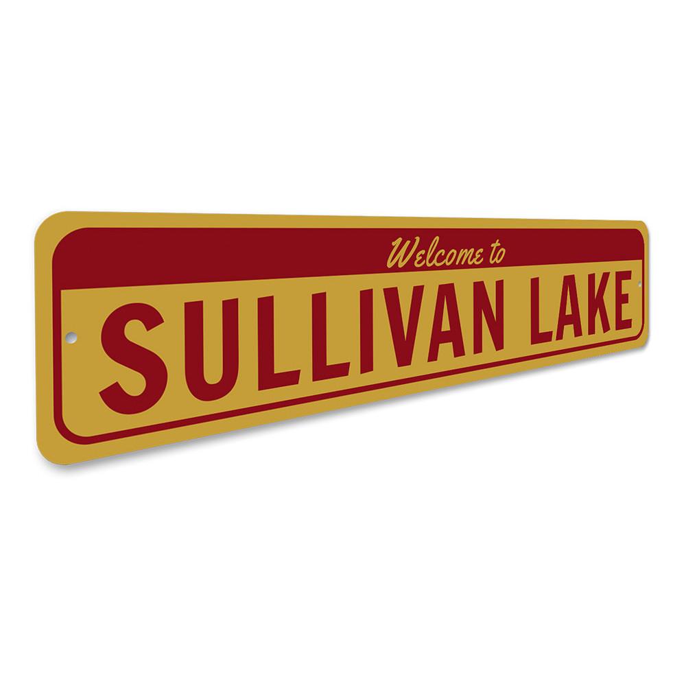 A personalized Welcome Lake Name Sign made of high-quality aluminum, featuring custom text and a rustic design, perfect for lakehouse decor.