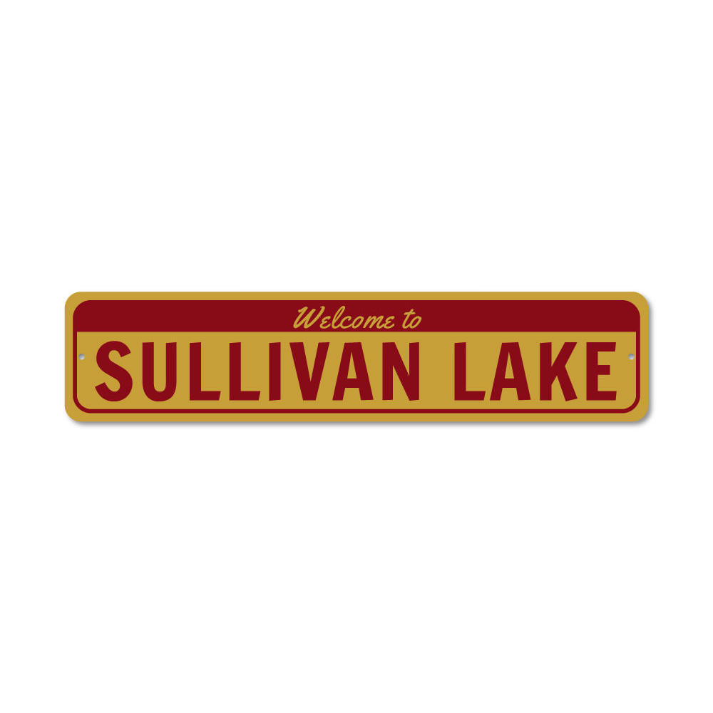 A personalized Welcome Lake Name Sign made of high-quality aluminum, featuring custom text and a rustic design, perfect for lakehouse decor.