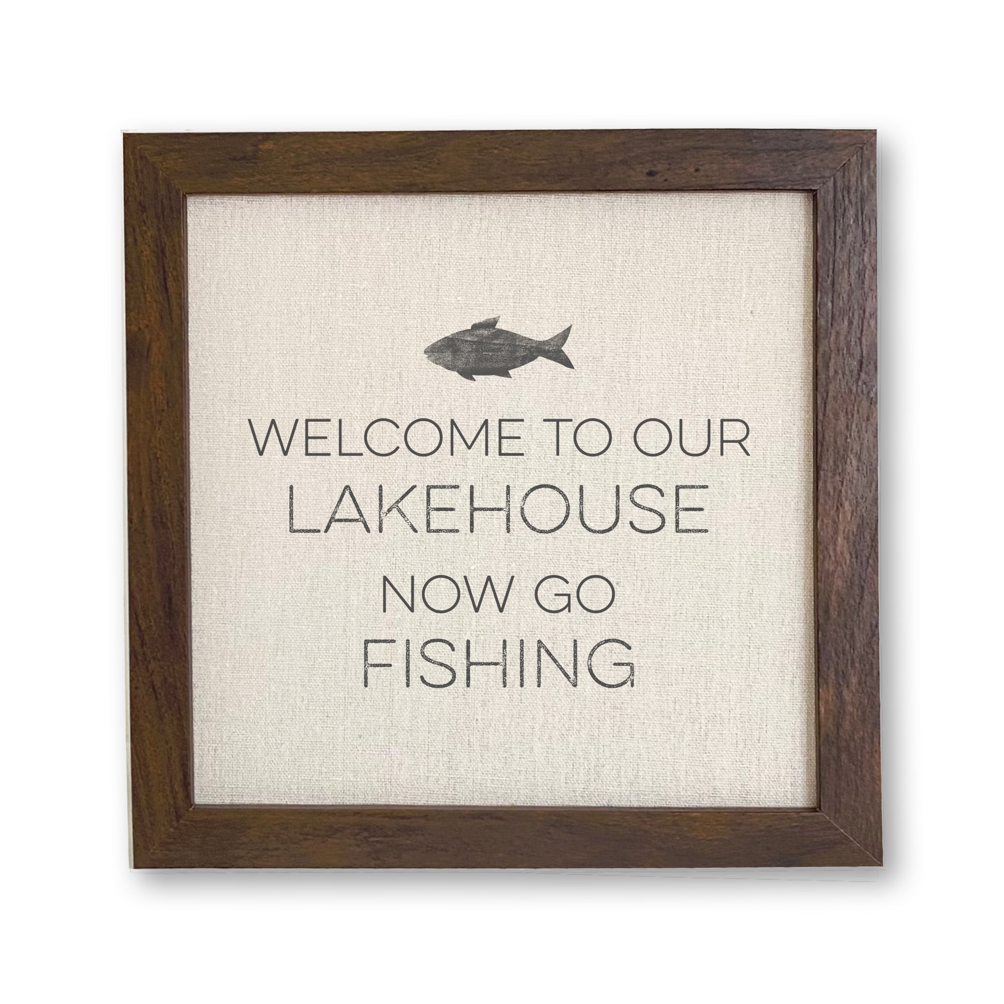 Welcome Lakehouse framed sign featuring a fish design, with a natural wood frame and linen-look background.