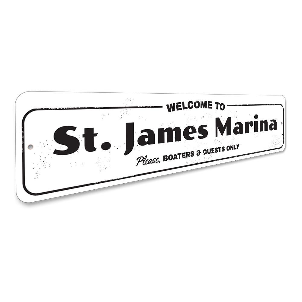 A beautifully crafted Welcome Marina Sign made from high-quality aluminum, featuring coastal-themed design elements, perfect for beach houses.