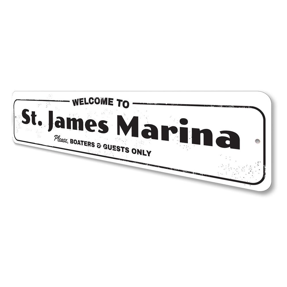 A beautifully crafted Welcome Marina Sign made from high-quality aluminum, featuring coastal-themed design elements, perfect for beach houses.