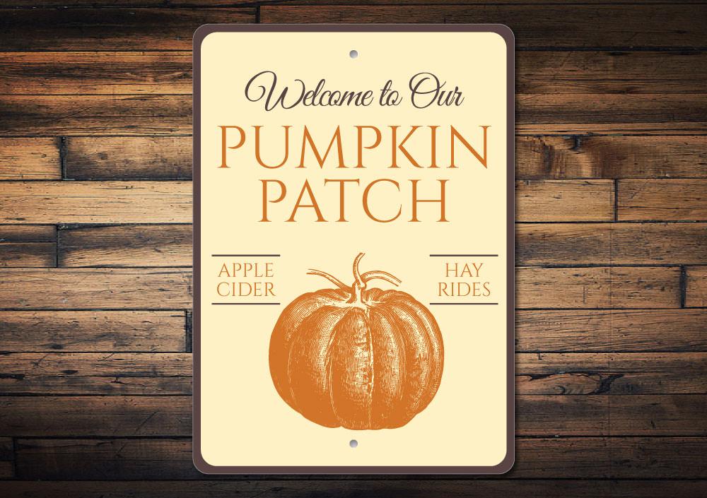 Welcome Pumpkin Patch Sign featuring spooky Halloween design, made from high-quality aluminum, perfect for indoor and outdoor decoration.