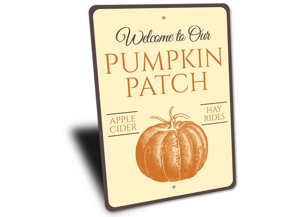 Welcome Pumpkin Patch Sign featuring spooky Halloween design, made from high-quality aluminum, perfect for indoor and outdoor decoration.