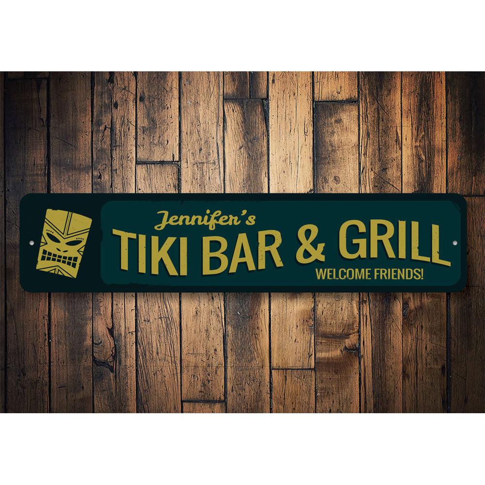 Welcome Tiki Bar and Grill Sign made of high-quality aluminum, featuring vibrant colors and customizable text, perfect for home or outdoor decor.