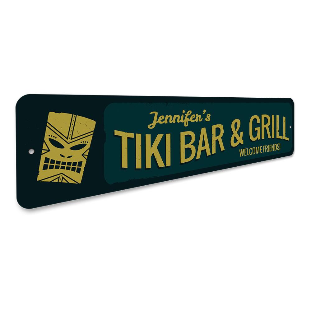 Welcome Tiki Bar and Grill Sign made of high-quality aluminum, featuring vibrant colors and customizable text, perfect for home or outdoor decor.