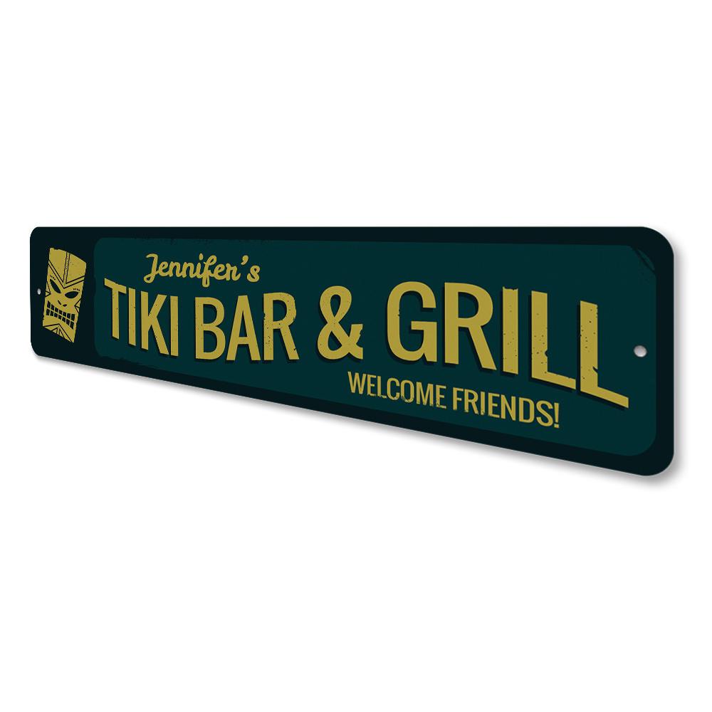 Welcome Tiki Bar and Grill Sign made of high-quality aluminum, featuring vibrant colors and customizable text, perfect for home or outdoor decor.