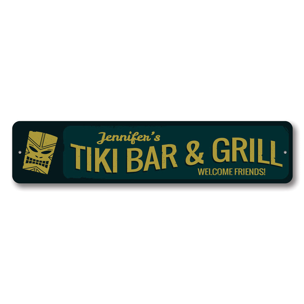 Welcome Tiki Bar and Grill Sign made of high-quality aluminum, featuring vibrant colors and customizable text, perfect for home or outdoor decor.