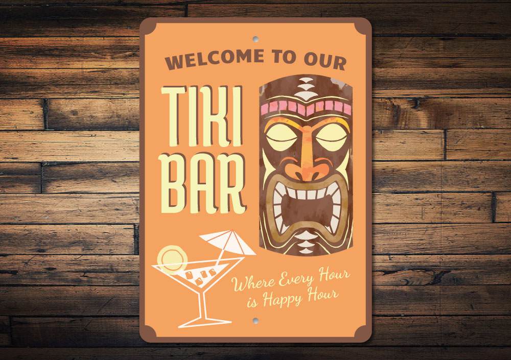 Welcome Tiki Bar Sign made of high-quality aluminum, featuring vibrant colors and a tropical design, perfect for beach-themed decor.