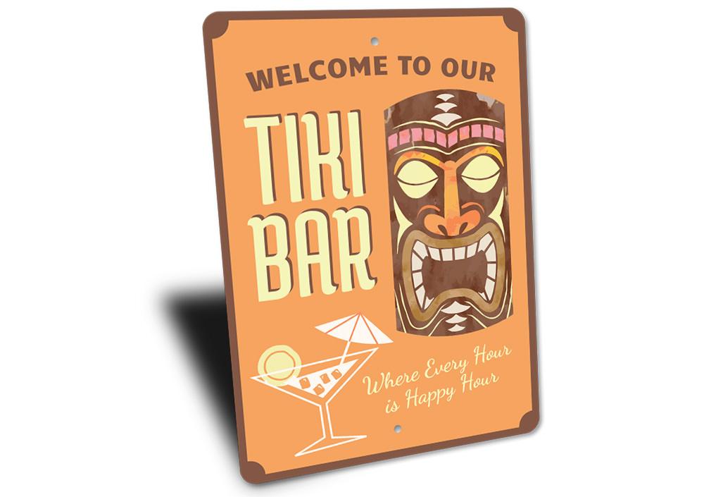 Welcome Tiki Bar Sign made of high-quality aluminum, featuring vibrant colors and a tropical design, perfect for beach-themed decor.