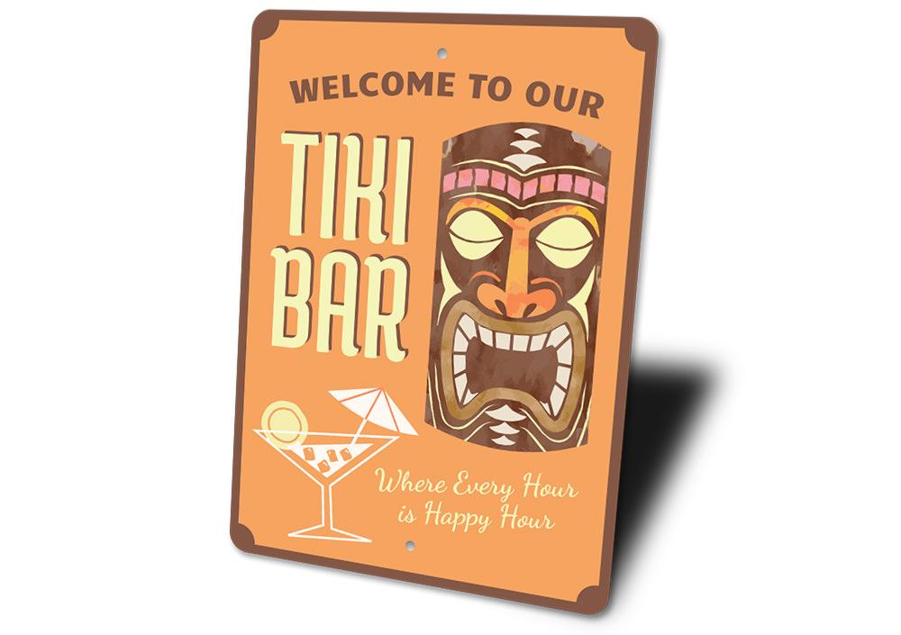 Welcome Tiki Bar Sign made of high-quality aluminum, featuring vibrant colors and a tropical design, perfect for beach-themed decor.