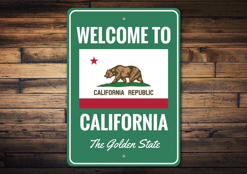 A decorative Welcome to California Sign made of high-quality aluminum, featuring vibrant colors and a welcoming design, perfect for home decor.