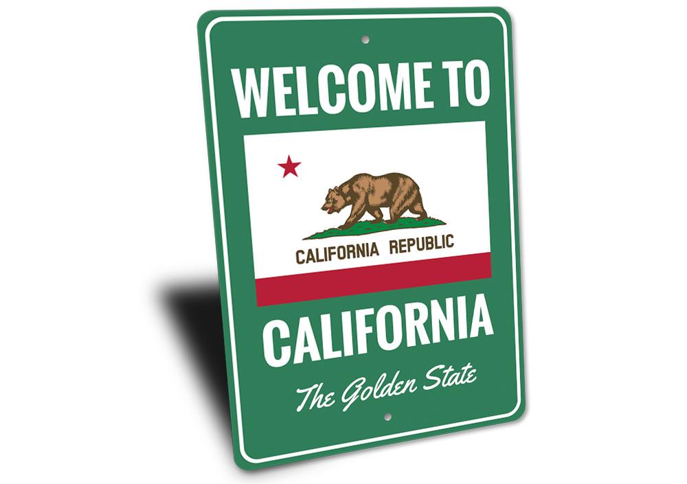 A decorative Welcome to California Sign made of high-quality aluminum, featuring vibrant colors and a welcoming design, perfect for home decor.