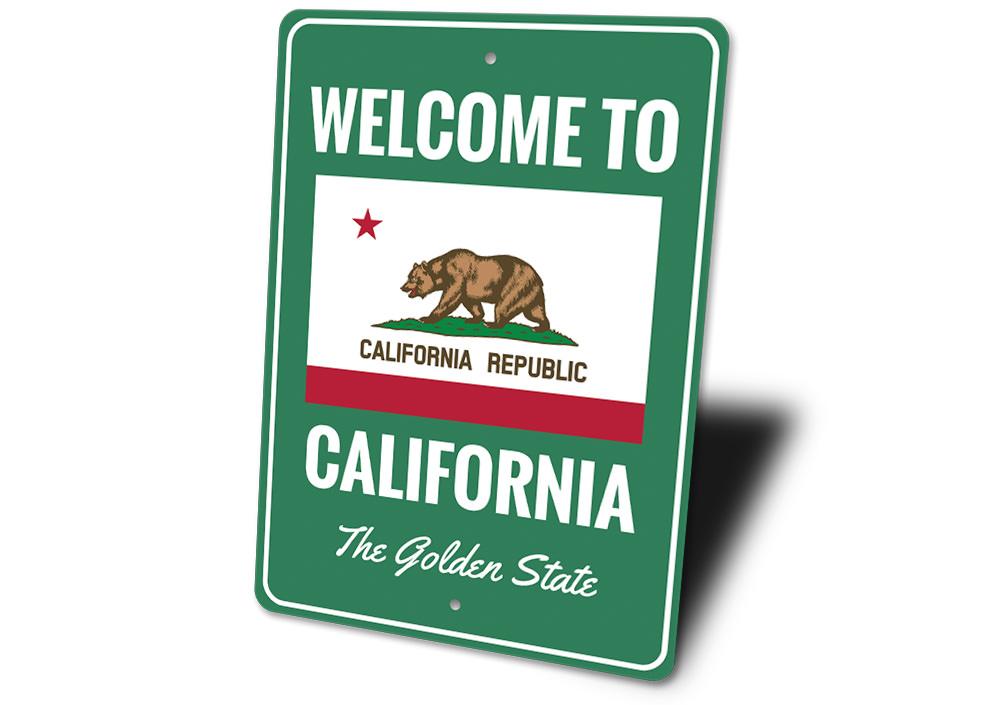 A decorative Welcome to California Sign made of high-quality aluminum, featuring vibrant colors and a welcoming design, perfect for home decor.