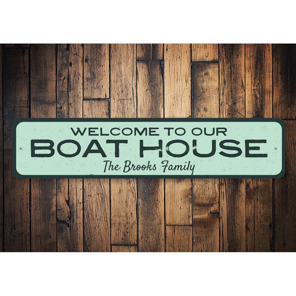 Customizable Welcome to Our Boat House Sign made of durable aluminum, perfect for lakehouse decor.