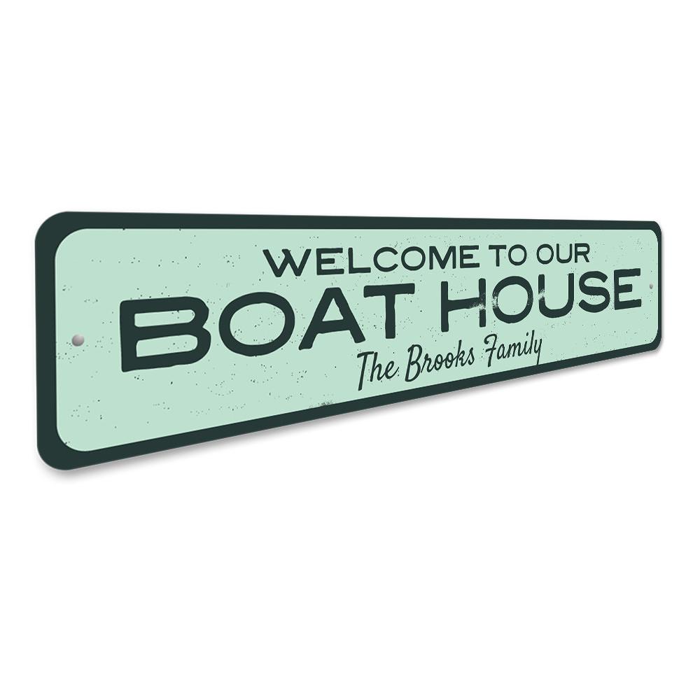 Customizable Welcome to Our Boat House Sign made of durable aluminum, perfect for lakehouse decor.