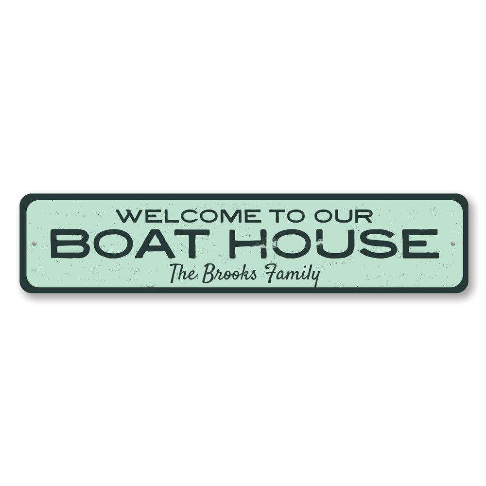 Customizable Welcome to Our Boat House Sign made of durable aluminum, perfect for lakehouse decor.