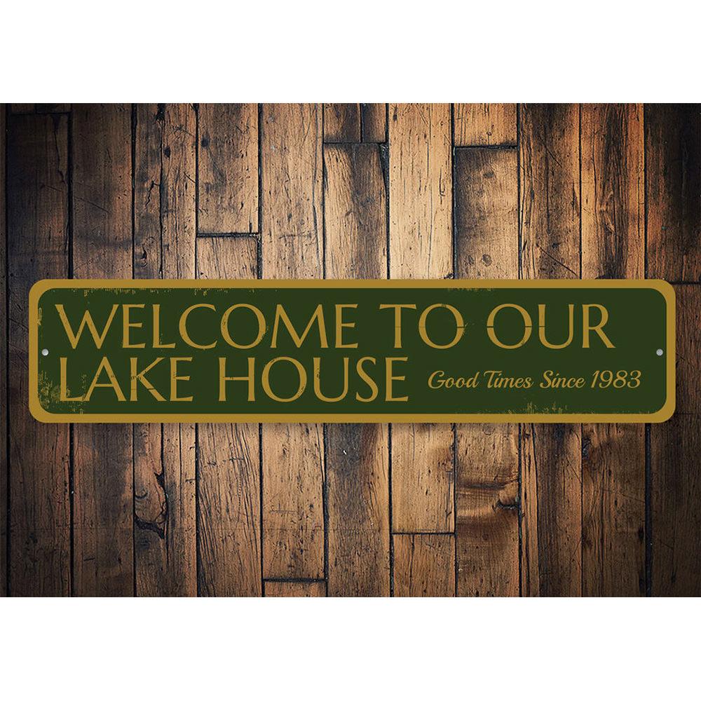 Customizable Welcome to our Lake House Sign made of durable aluminum, featuring pre-drilled holes for easy mounting.