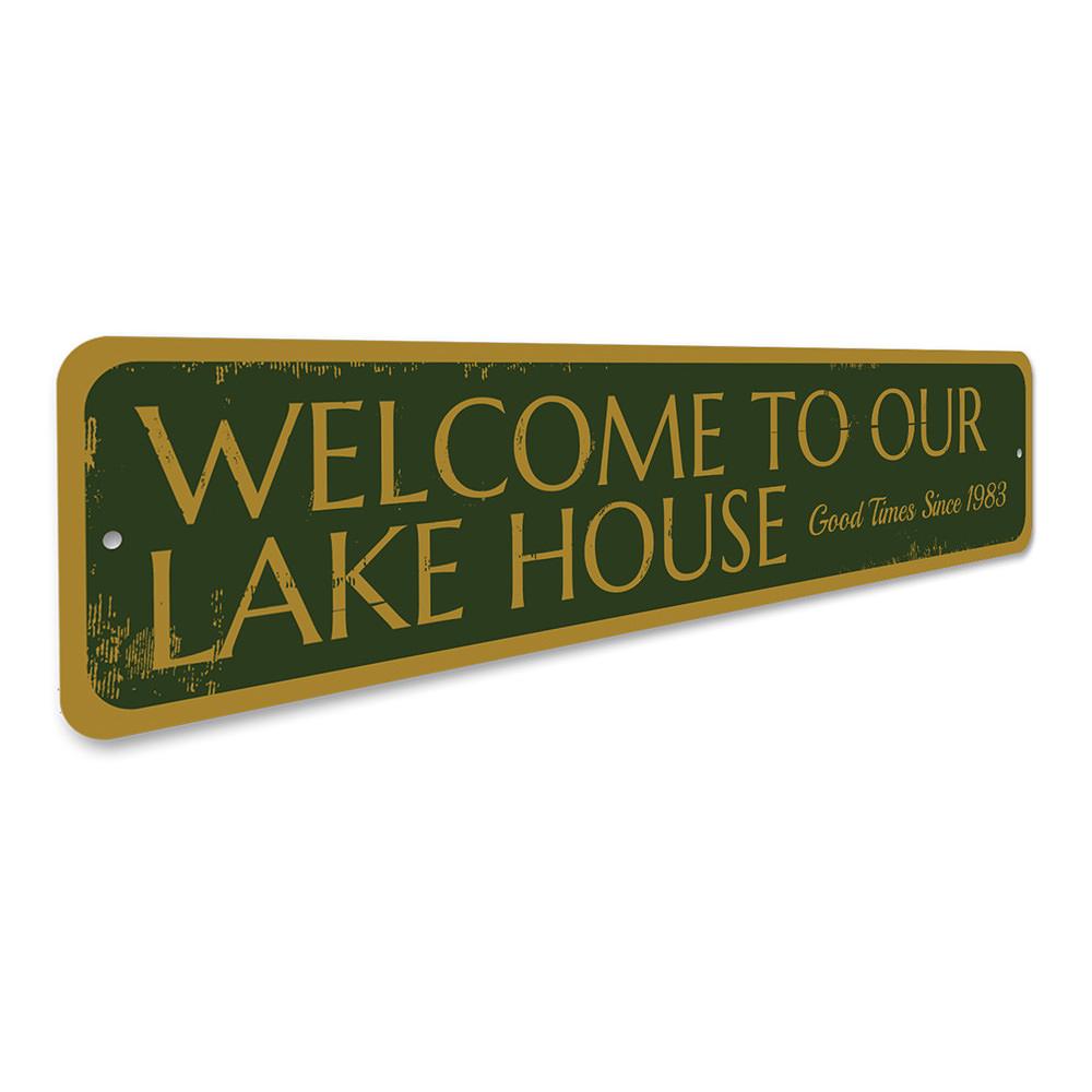 Customizable Welcome to our Lake House Sign made of durable aluminum, featuring pre-drilled holes for easy mounting.