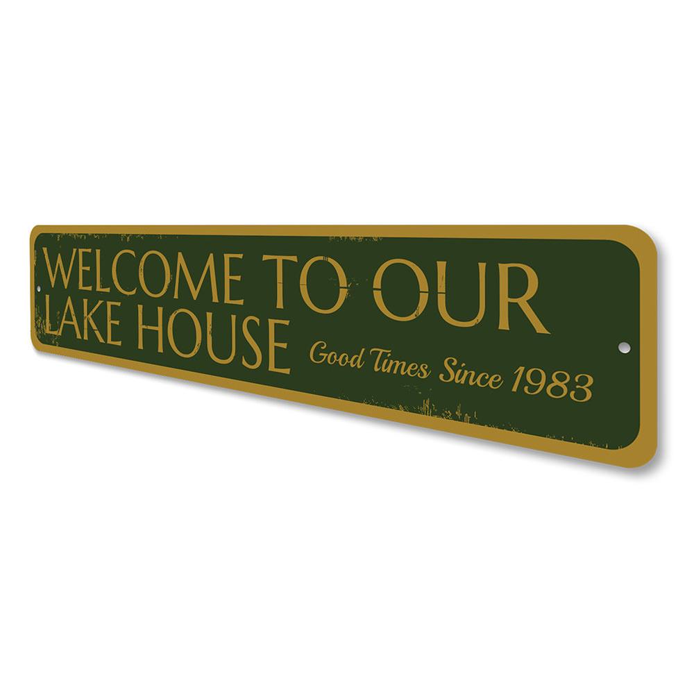 Customizable Welcome to our Lake House Sign made of durable aluminum, featuring pre-drilled holes for easy mounting.